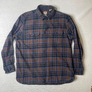 Levi's Flannel Shirt Mens Large Blue Brown Plaid Relaxed Fit Cotton Long Sleeve